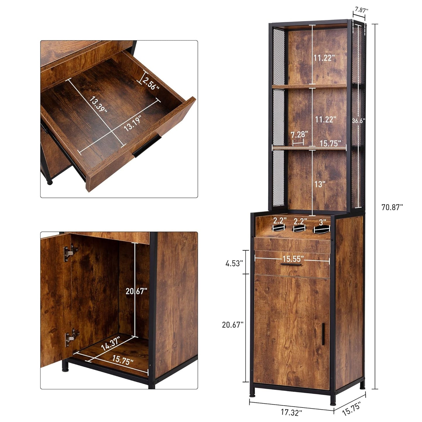 Industrial Style Hair Salon Station, Beauty Equipment Station for Hair Stylists, Spas & Barbers, Storage Cabinet with 3 Hair Dryer Holes and Lockable Drawers, Rustic Brown