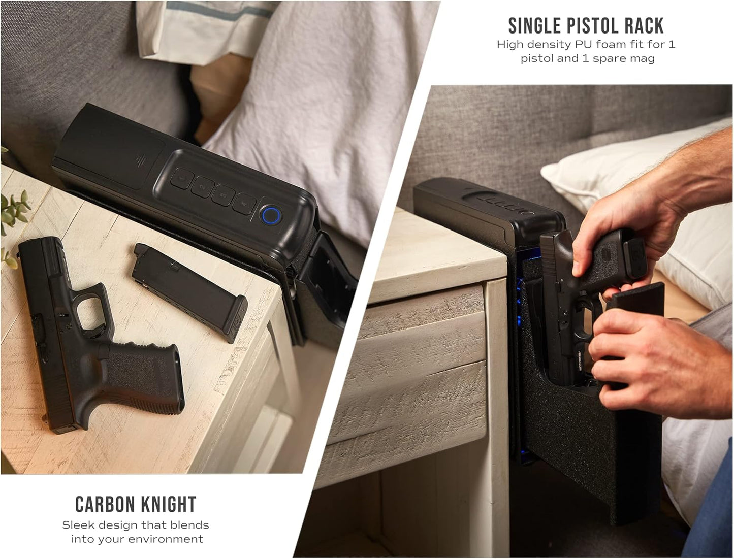 RPNB Gun Safe,Mounted Biometric Nightstand Handgun Safe with Quick Access Sliding Door, Pistol Safes for Wall Bedside Desk Vehicle with the Fingerprint, Keypad, Pistol Holder,Carbon Knight Series