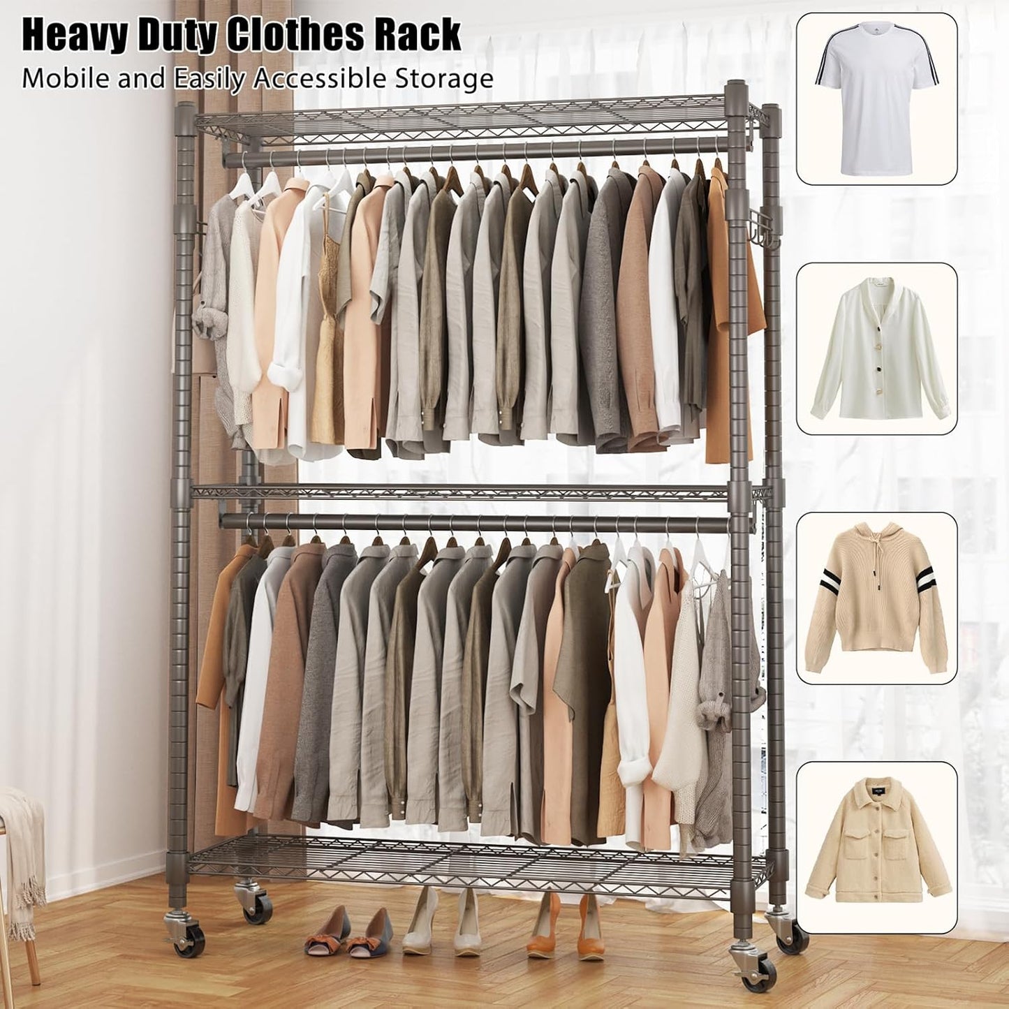 BATHWA Heavy Duty Garment Rack on Wheels, Rolling Clothes Racks for hanging clothes, Simple Sturdy Wardrobe Rack with Double Hanging Rods, 8 Side Hangers, Gray