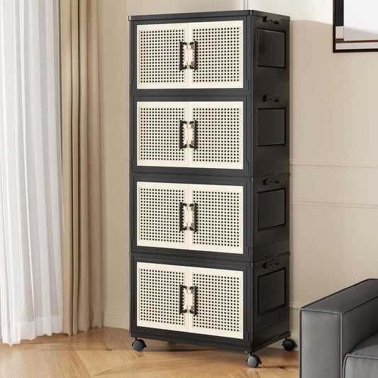 Stackable Storage Bins with Lids,Collapsible Plastic Storage Box Closet Organizers and Storage with Wheels and Magnetic Door for Home Office Dorm (4 Pack)