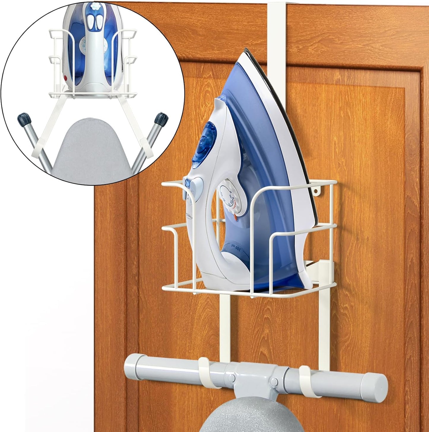 ORLESS Over The Door/Wall Mount Ironing Board Hanger, Laundry Room Iron and Ironing Board Caddy Storage Holder (White)
