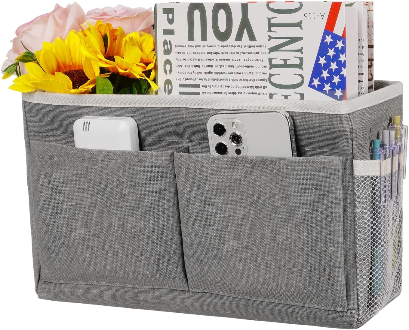 Bedside Caddy Hanging Storage with Water Bottle Holder for Bunk Bed, Hospital Bed, Dorm Rooms (Grey)