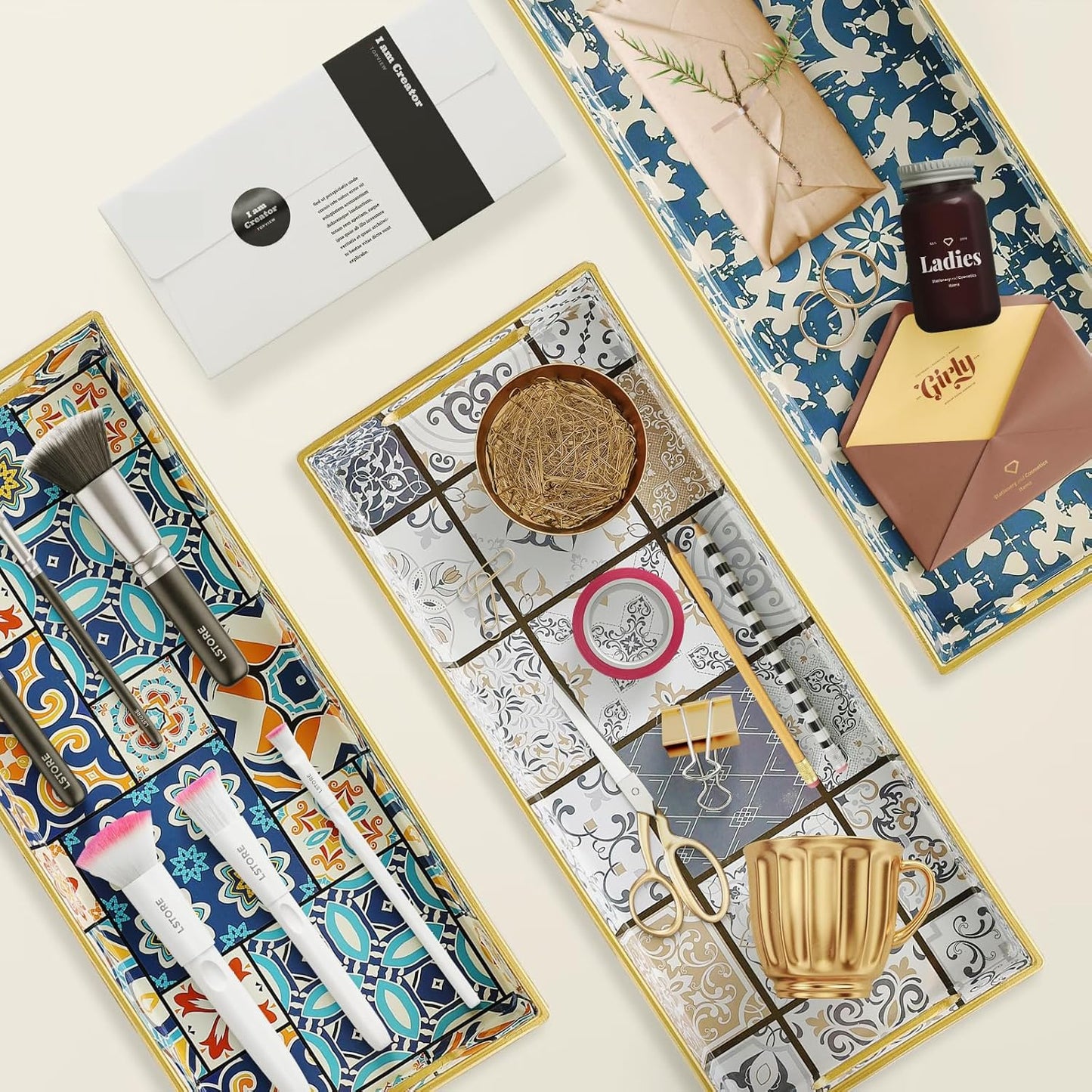 Bathroom Vanity Tray for Countertop, Small Plastic Toilet Tank Tray Versatile Storage & Organization Tray for Makeup, Perfume, Desk, Kitchen, Candles, 13.7"x6"x1.4", 35Boho2