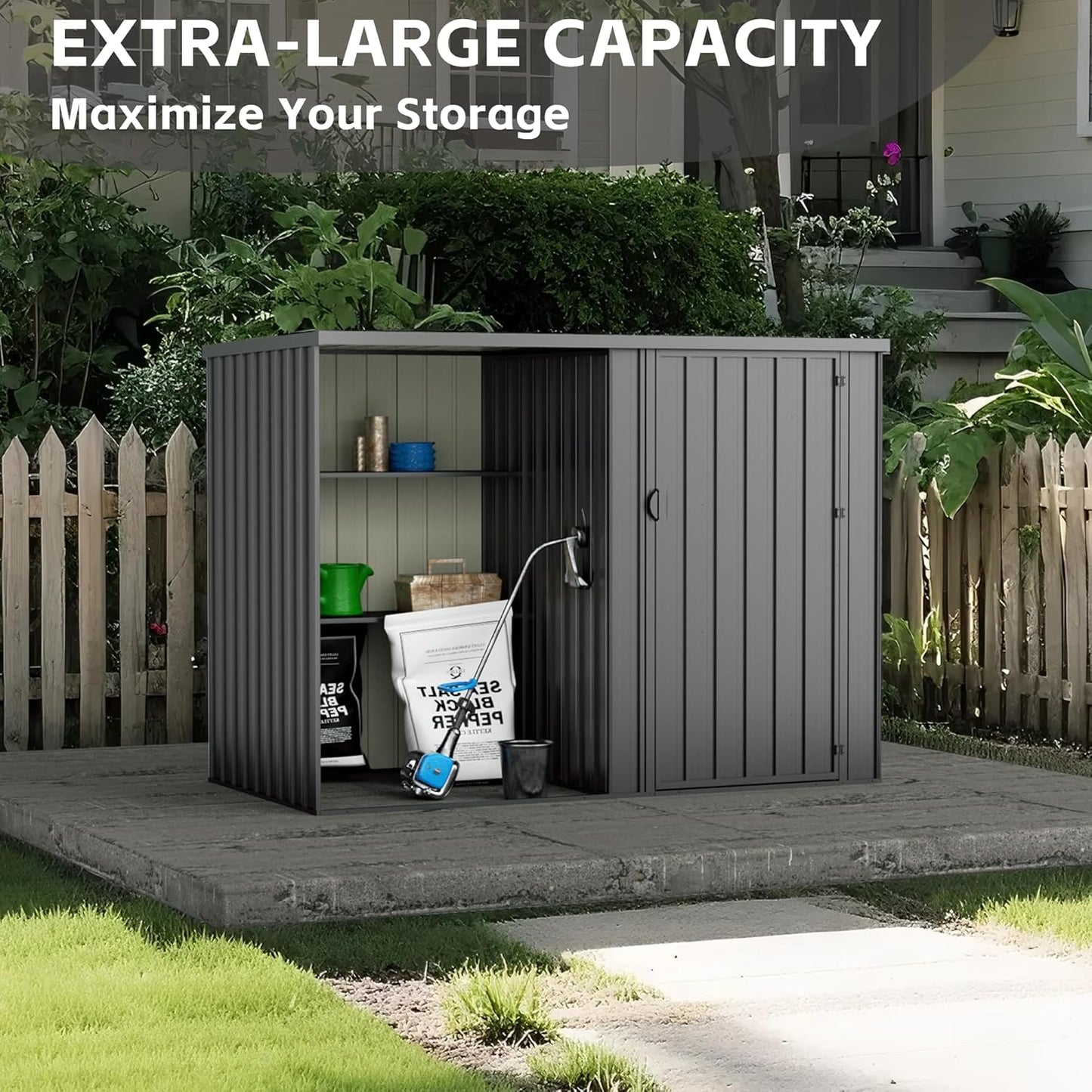 2 in 1 Metal Outdoor Storage Shed with Firewood Rack, 8×4 FT Lockable Waterproof Garden Tool Shed with Shelves, Open & Enclosed Dual-Storage Backyard Patio Shed with Sloped Roof (No Floor)