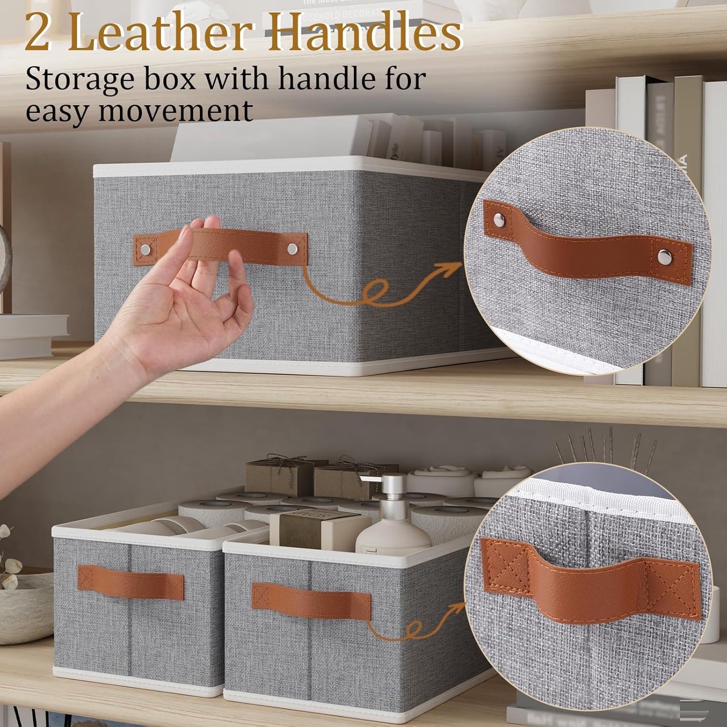 OUTBROS Cube Storage Unit Boxes, Foldable Bins for Bedrooms, Living Rooms, Shelves, Baskets With Handles, Fabric Wardrobe Organiser, Grey, 16.1 x 6.5 x 9.8 inch, 3-Pack