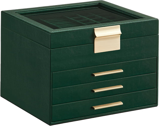 SONGMICS Jewelry Box Organizer with Glass Lid, 4-Layer Jewelry Storage, with 3 Drawers, Modern Style, Christmas Gift, 8 x 9.1 x 6.5 Inches, Forest Green and Gold Color UJBC173C01