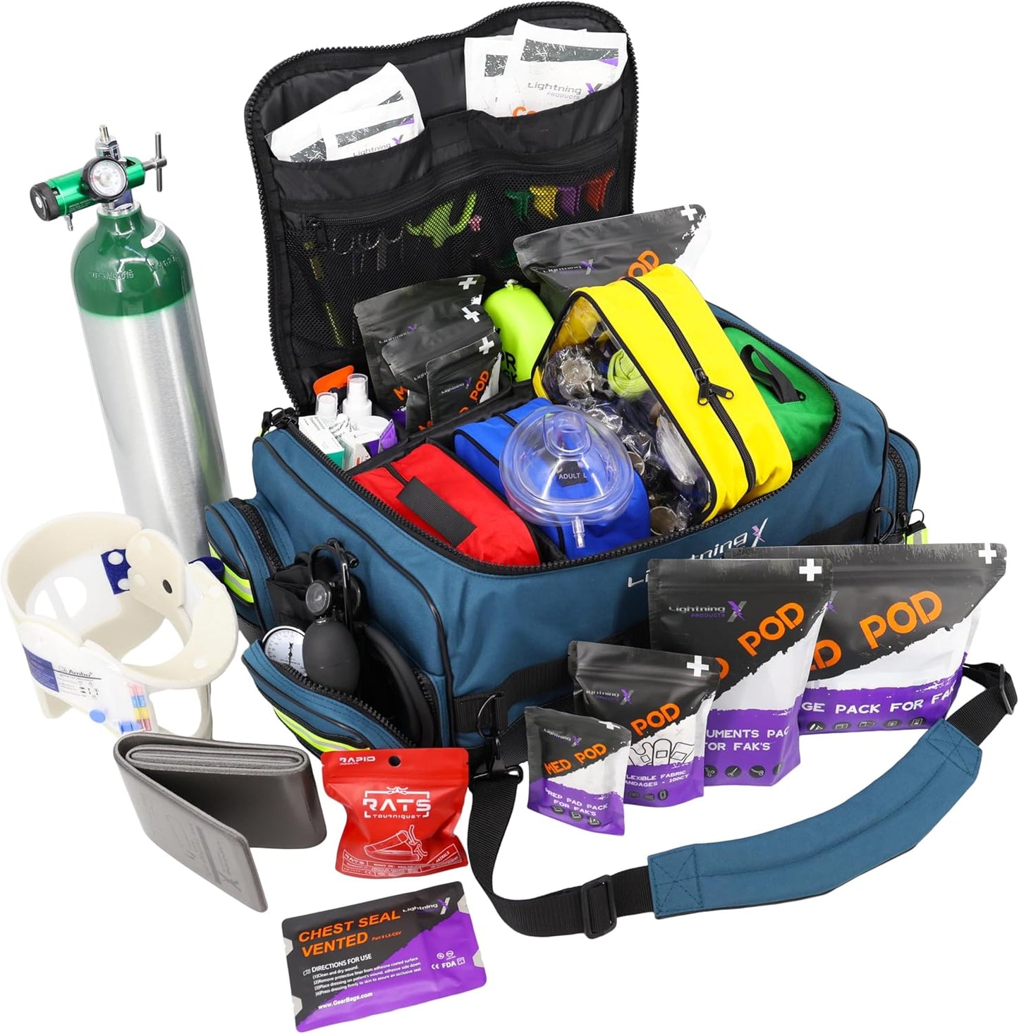 Lightning X Fully Stocked X-Tuff Modular Oxygen Trauma Bag w/Removable Organizer Pouches for EMS/EMT + First Responder - Blue