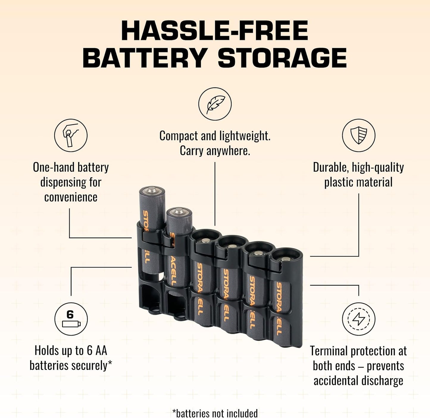 Storacell Slimline AA-6 Battery Storage Caddy and Dispenser, Black, Holds 6 AA Batteries (Not Included), Durable & Compact Design, The Original Battery Caddy, Made in The USA