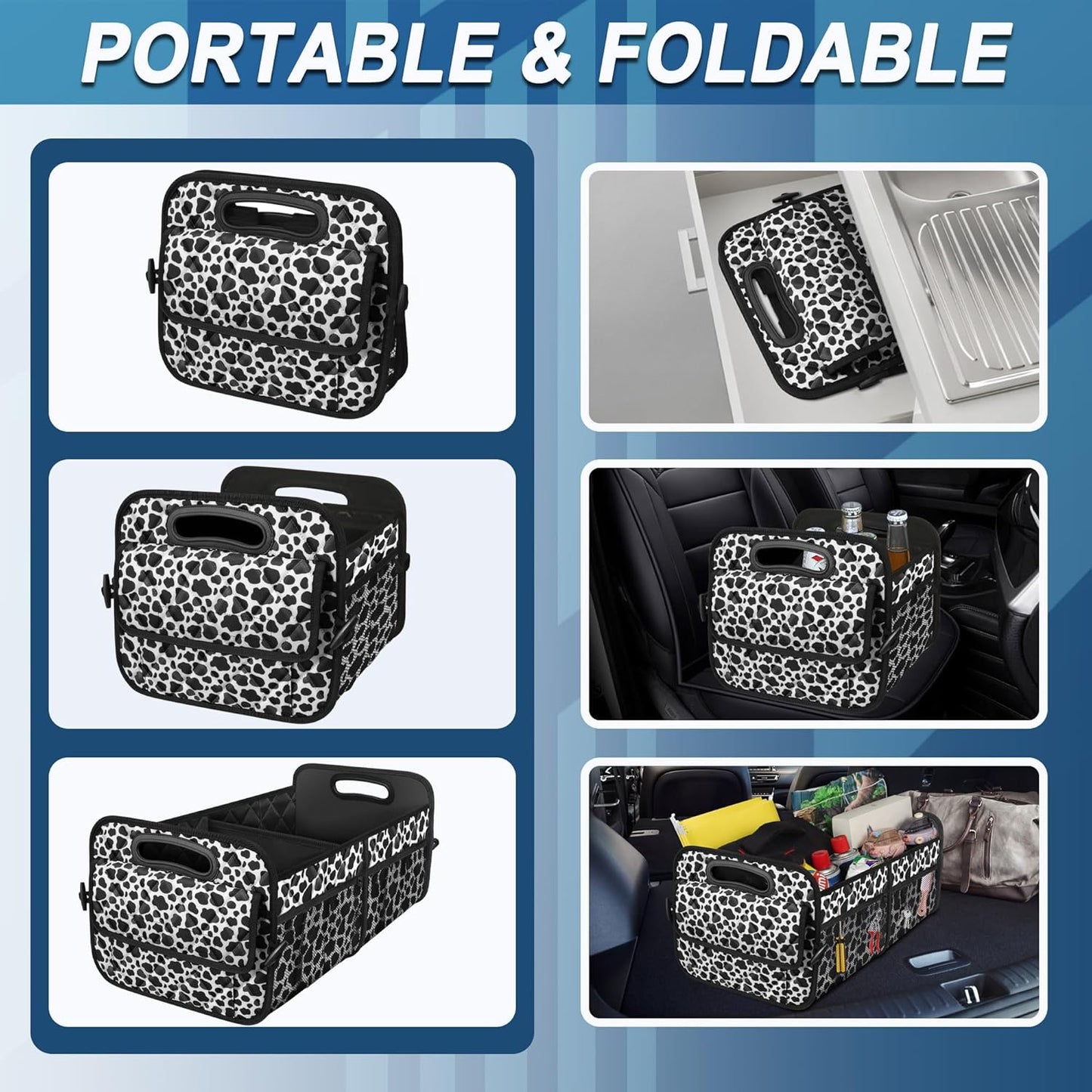 Deosk Car Organizer for SUV - 6 Big Pocket Trunk Storage With Waterproof Polyester, Car Accessories for Women/Men, Cow Print (Medium)