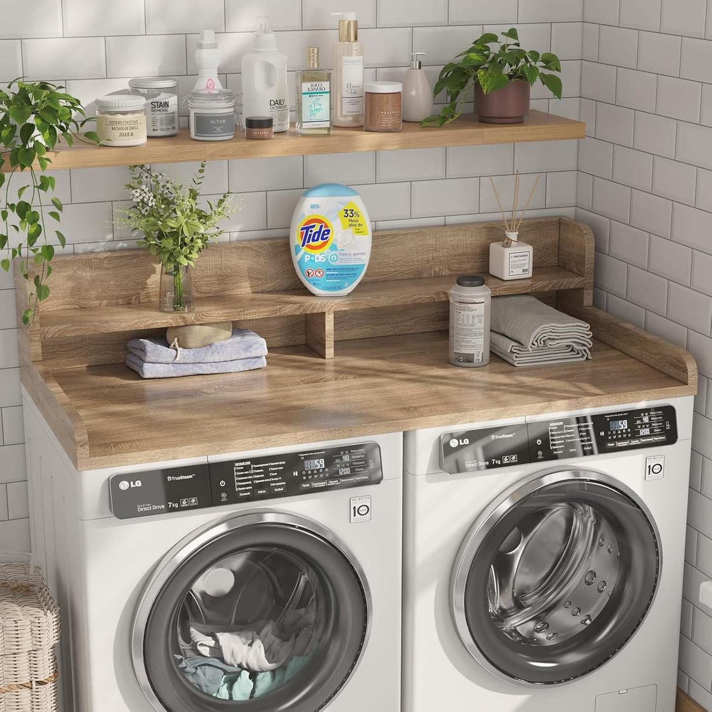 2-Tier Washer Dryer Countertop with 2.75" H Edge Rails, 58" W x 28" D Laundry Countertop for Folding Clothes, Washer and Dryer Topper with Non-Slip Pad (White Oak)