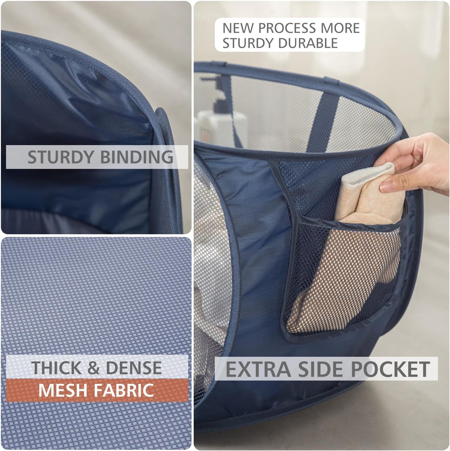 Sturdy Mesh Laundry Hamper Basket Bag,Pop up Basket with Side Pocket for Laundry Room, Bathroom, Kids Room, College Dorm or Travel (Pop Horizontal, Pink)