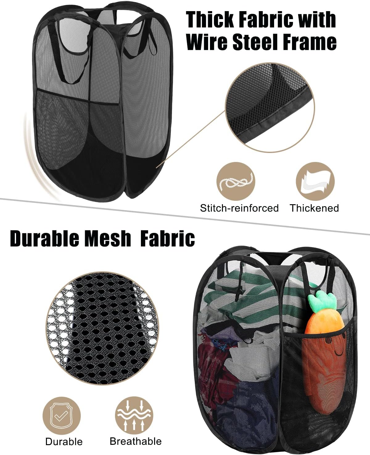 HOUSE AGAIN Mesh Popup Laundry Hamper, [Reinforced] Collapsible Laundry Basket, Foldable Pop Up Hamper with Durable Handles, Easy to Open and Fold for Dorm, Laundry Room, Bedroom, Travel, (Black)
