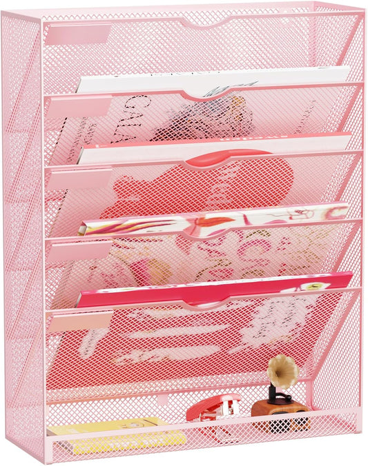 Hanging Wall File Organizer 6 Tier Wall Mounted Mail Paper Folder Holder Document Organization Stand, Vertical Desk Magazine Rack for Office Home Cubicle Countertop, Pink