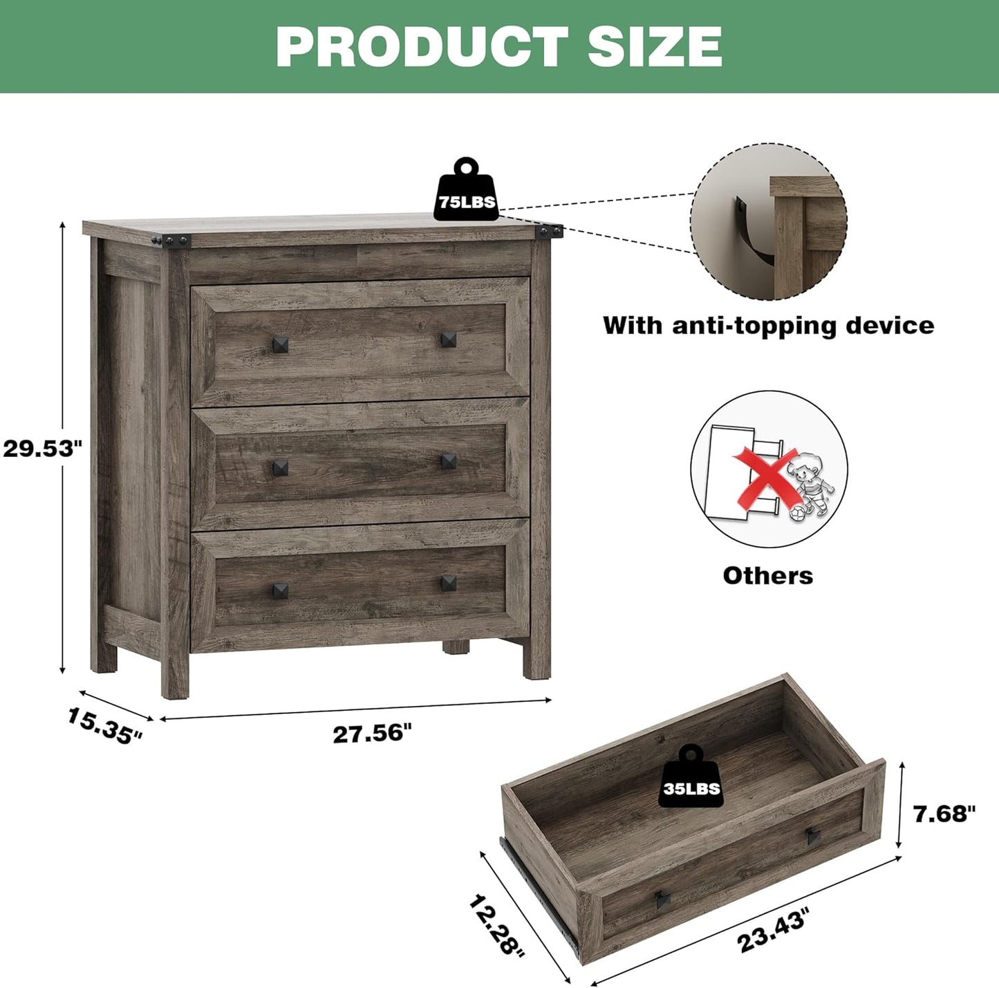 Dresser for Bedroom with 3 Drawers, Small Chests of Drawers, 27.55" Wide Farmhouse Wood Nightstand Bedside Cabinet End Table, Modern Closet Storage Organizer for Living Room, Entryway, Hallway, Grey
