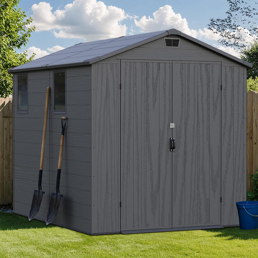 Greesum 6×8FT Plastic Outdoor Storage Shed with Floor, Resin Storaged Sheds with Lockable Double Door, Windows & Vents, All-Weather Tool Sheds for Garden, Backyard, Patio, Dark Gray