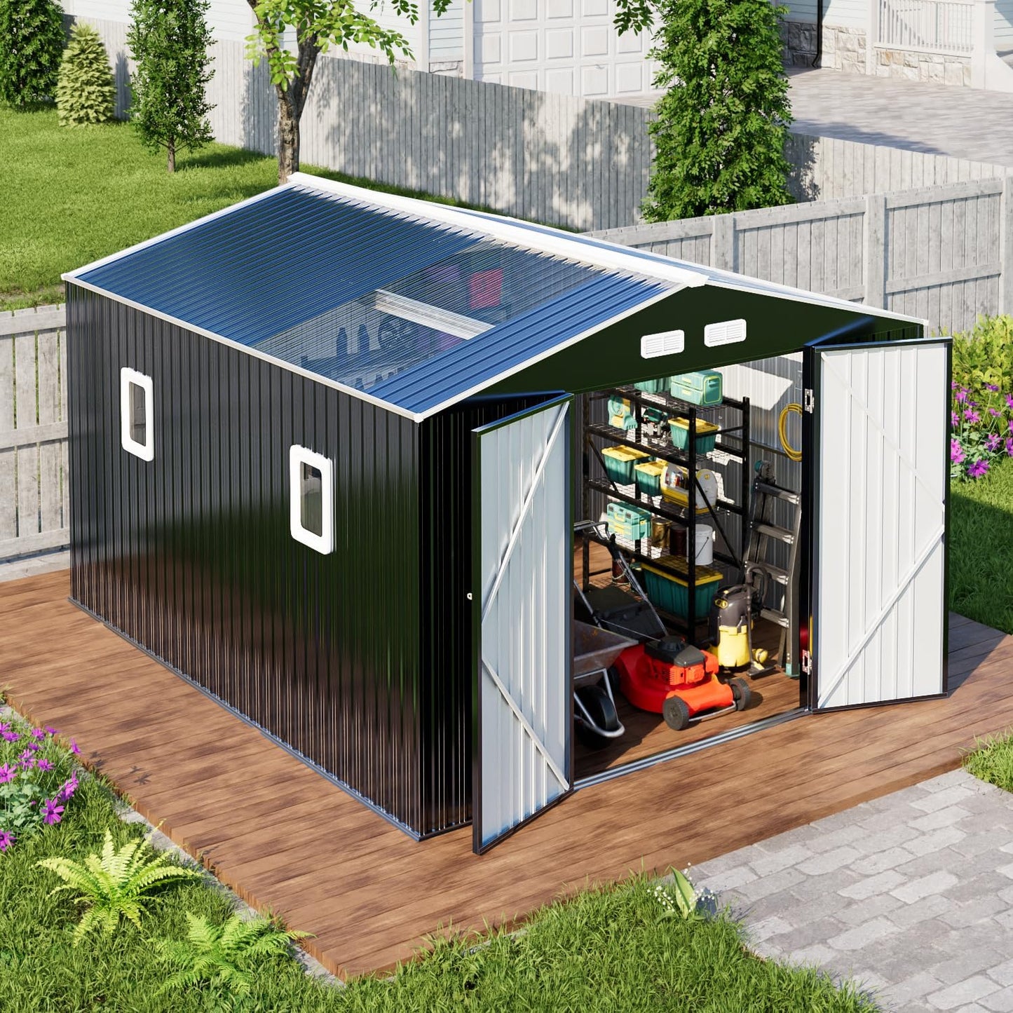 10x12 Metal Shed with Floor Frame Kit & Reinforced Construction - Translucent Roof Panels for Natural Light, Lockable Doors,Vents,Windows, Weatherproof Garden/Backyard/Patio Outdoor Storage