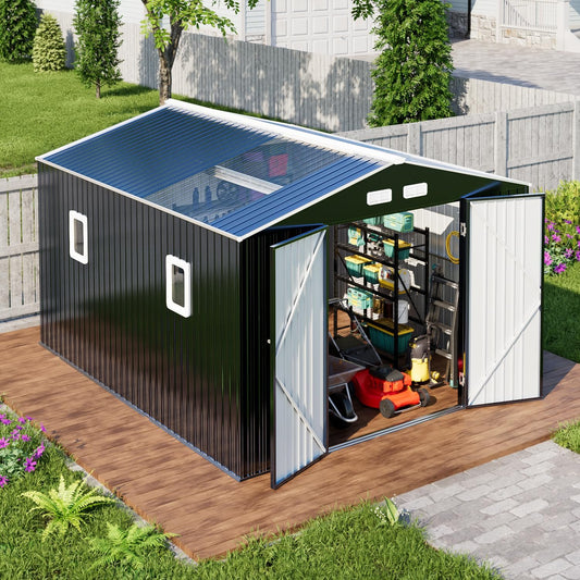 10x12 Metal Shed with Floor Frame Kit & Reinforced Construction - Translucent Roof Panels for Natural Light, Lockable Doors,Vents,Windows, Weatherproof Garden/Backyard/Patio Outdoor Storage