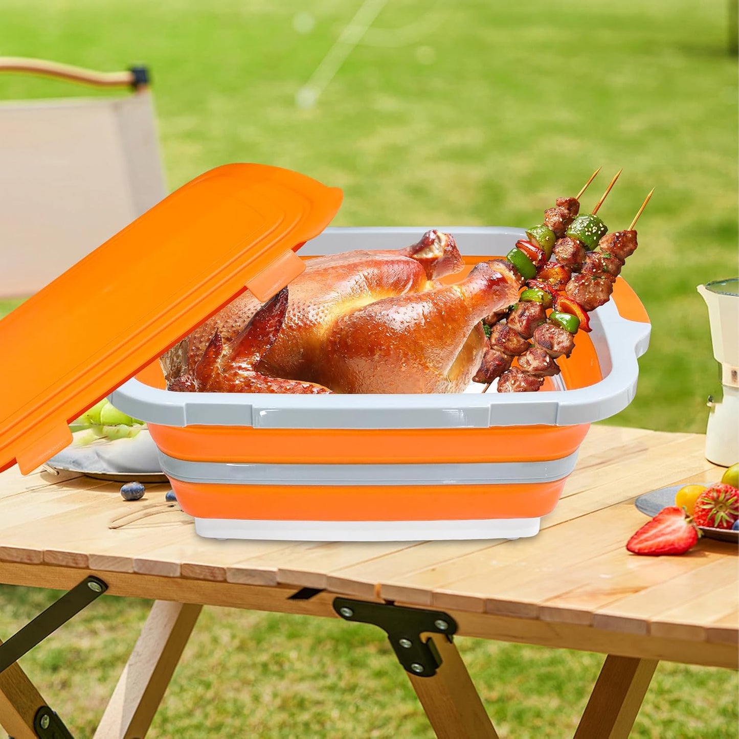 8L/16L BBQ Prep Tub with Cutting Board, Lid & Complimentary Mitts/Gloves – Collapsible Bucket for BBQ, Marinade, Picnic, Camping, Meat Prep – Orange/Black (Orange, X-Large Lid Lock)