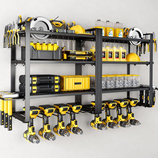 Power Tool Organizer Wall Mount - Storage Rack with 4 Drill Holders for Drills Cordless Tools. Heavy Duty Iron Garage Tool Organizer Storage for Workshop Shed (4 Slots 4 Layers 2 Pack)