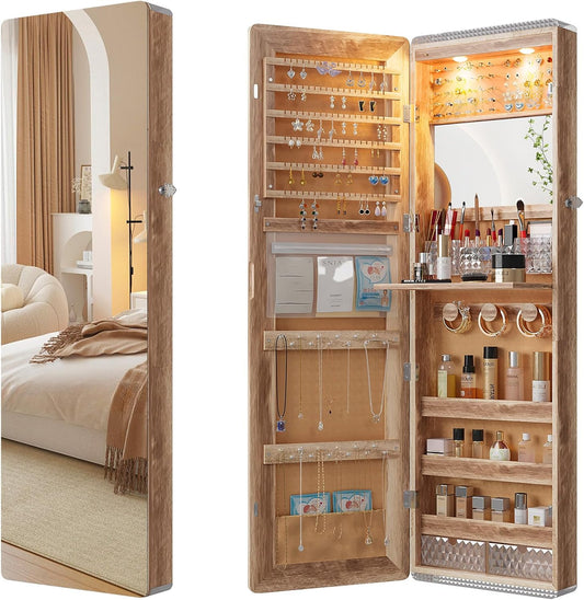 HNEBC LED Mirror Jewelry Cabinet,47.2" Wall Mounted Jewelry Organizer with Full-Length Mirror,Over The Door Hanging Jewelry Armoire Storage Cabinet,Folding Dresser,2 Drawers,Lockable, 3 Shelves(Wood)