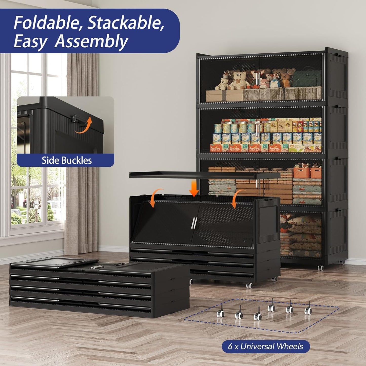 320GAL Extra Large Storage Bins with Lid, 1280QT Collapsible Organizer with Wheels, Stackable Closet Cabinet with Doors, Folding Storage Containers for Home, Office, Kitchen, 4Pack Black