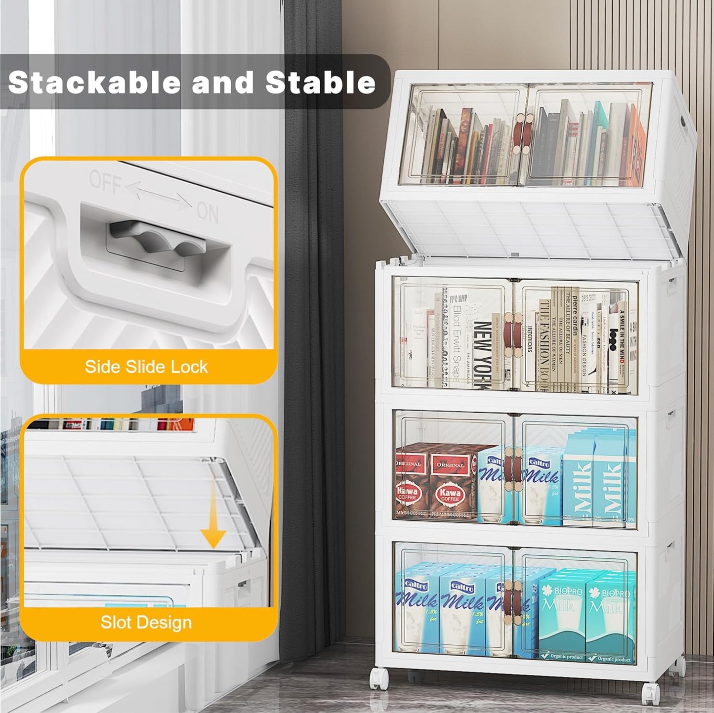 220Qt Stackable Storage Bins with Lids, 4 Pack Collapsible Storage Bins with Wheels, Plastic Cabinet with Doors, Foldable Closet Organizers for Home, Dorm, Office, White