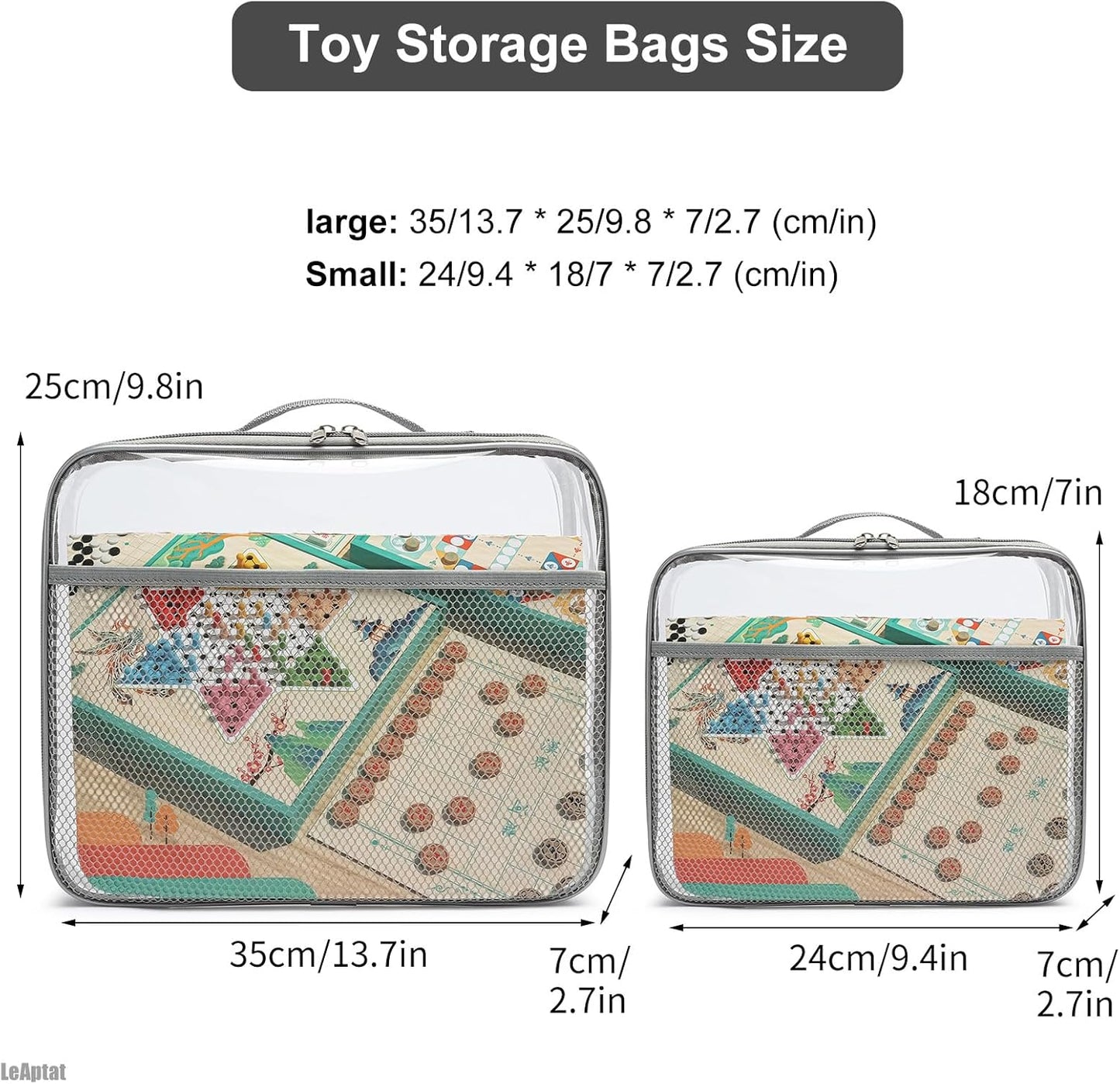 4 Pack Clear PVC Zippered Toy Storage Bags for Toy, Kids Toy, Building Blocks, Puzzle, Clay, Board Game Storage Organizer Travel Waterproof Toy Organzie With Name Tag Pocket (Gray, Large)