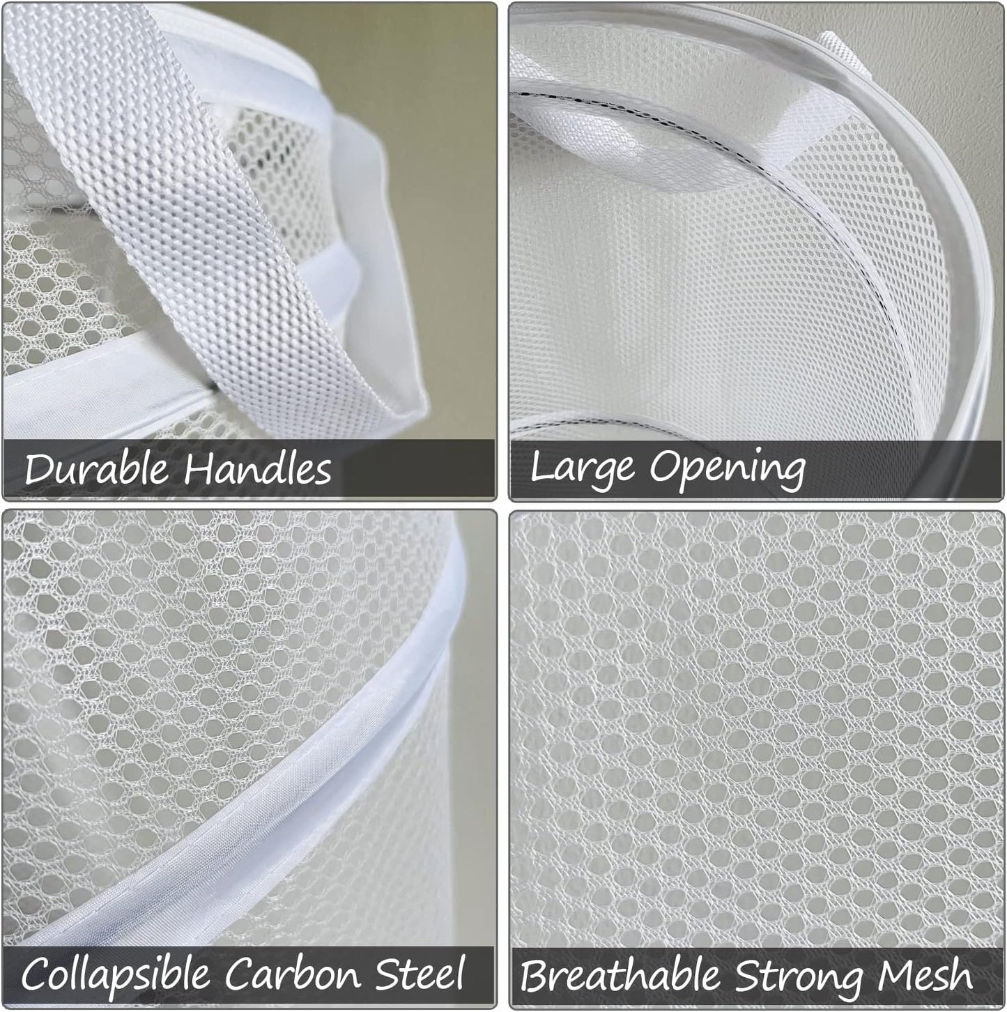 BATTOO Large Collapsible Laundry Basket Foldable Mesh Pop Up Hamper with Handles for Laundry Room, Bathroom, Kids Room, College Dorm, Travel, Storage Organizer White