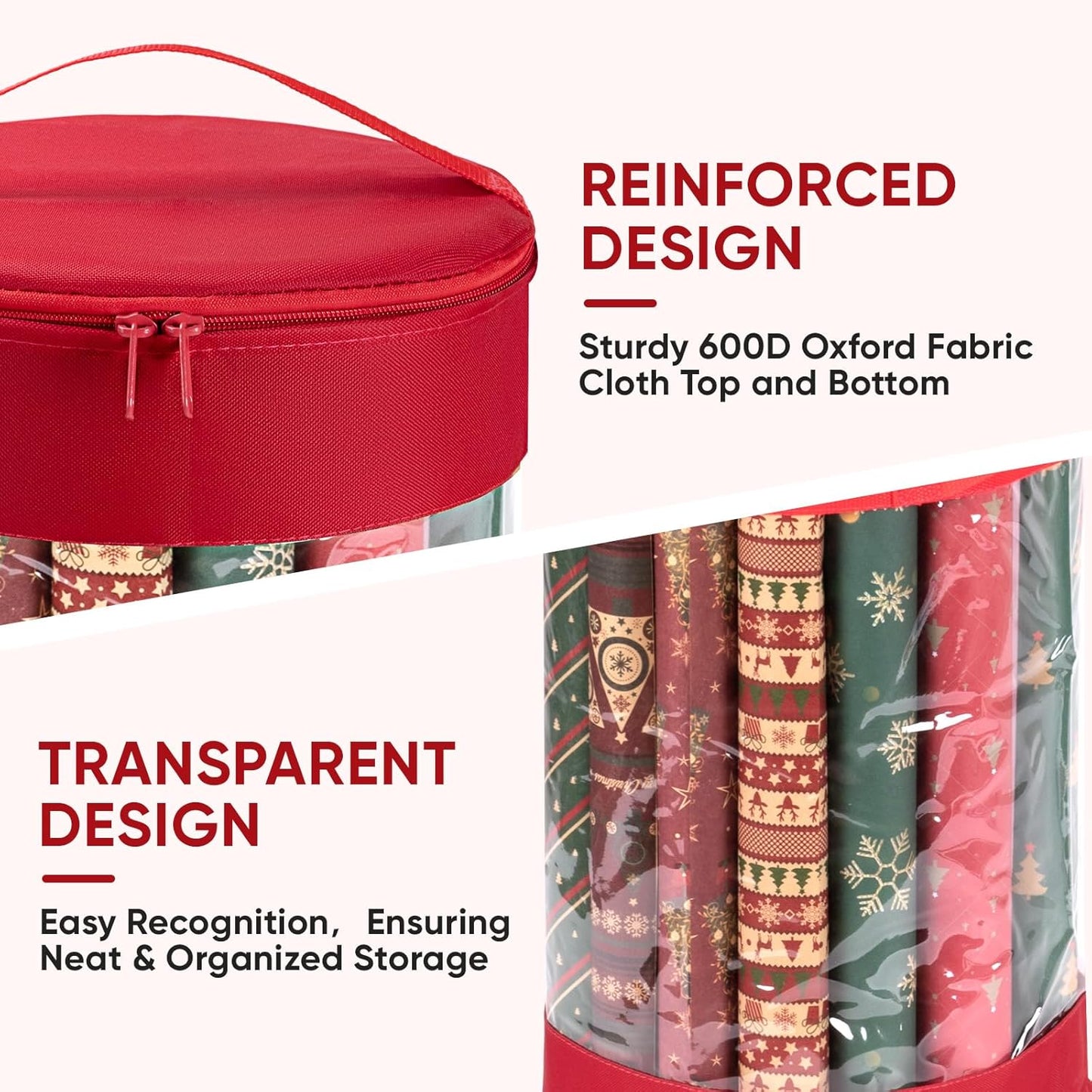BALEINE Christmas Wrapping Paper Organizer Storage, 41" Gift Wrapping Paper Storage Containers, Clear PVC with Durable 600D Oxford Fabric Gift Wrap Paper Holder Fits 18-25 Rolls, Golden