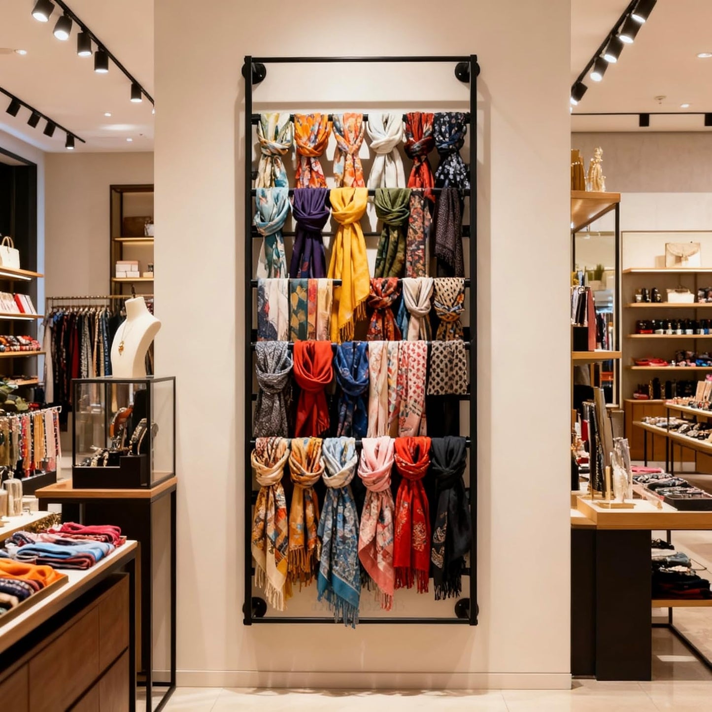 10-Layer Wall Mounted Display Rack, Wrapping Paper Ribbon Organizer Scarves Tie & Scarf Rack Belts Towel Holder Necktie Hijab Stand Metal Shelving for Home, Retail Stores, Flower Shop