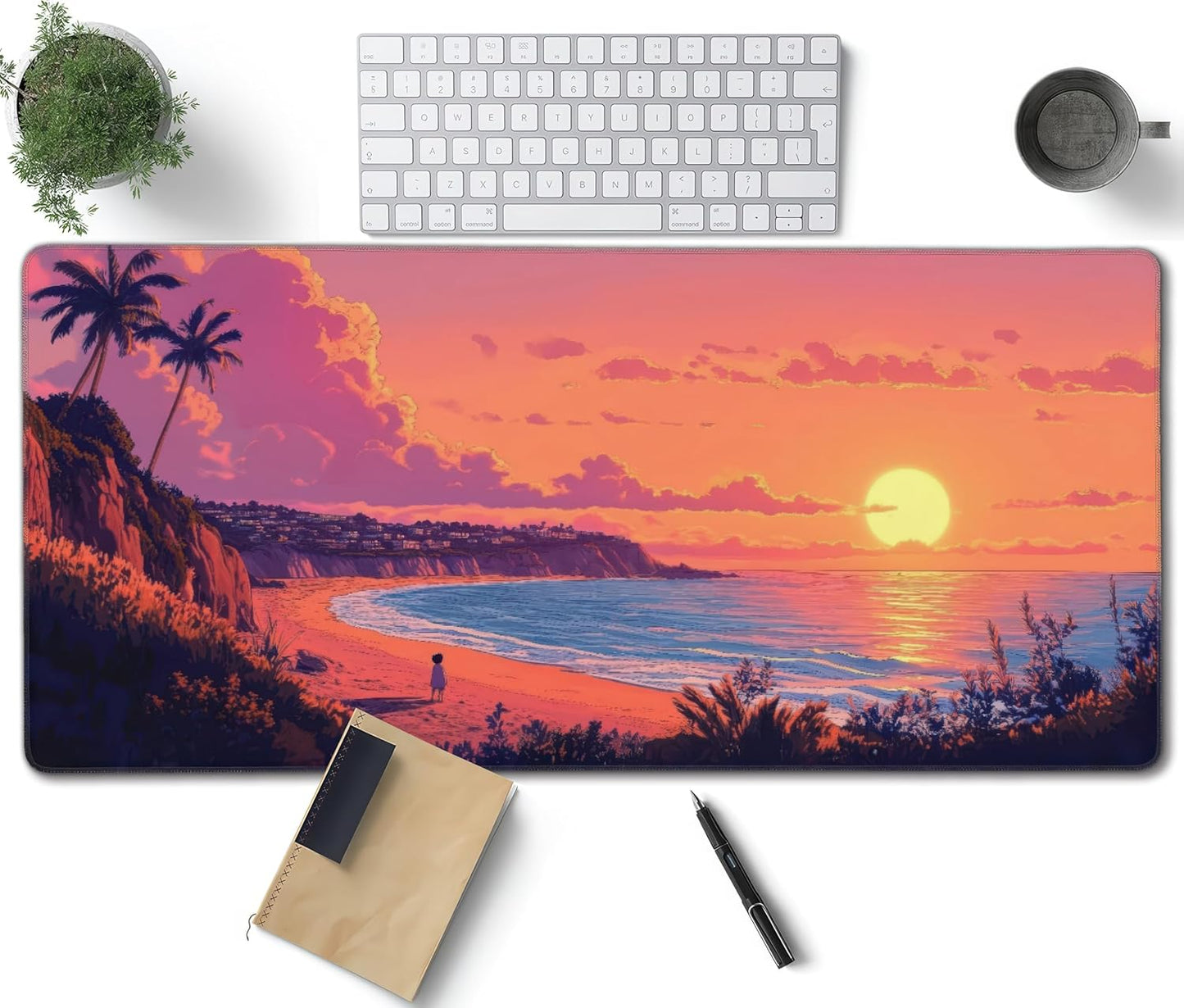 Sunset Beach Large Mouse Pad, Anime Style Gaming Desk Mat, XXL Keyboard Desk Pad Mat for Desktop, 35.4"x15.7" Non-Slip Base Big Mousepad with Stitched Edges