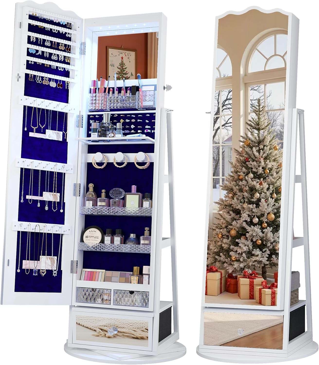 Full-Length Mirror Jewelry Cabinet Standing, 360° Swivel Jewelry Armoire with Mirror and LED Lights, Built in Mirror & Large Storage Shelves & Drawer, White
