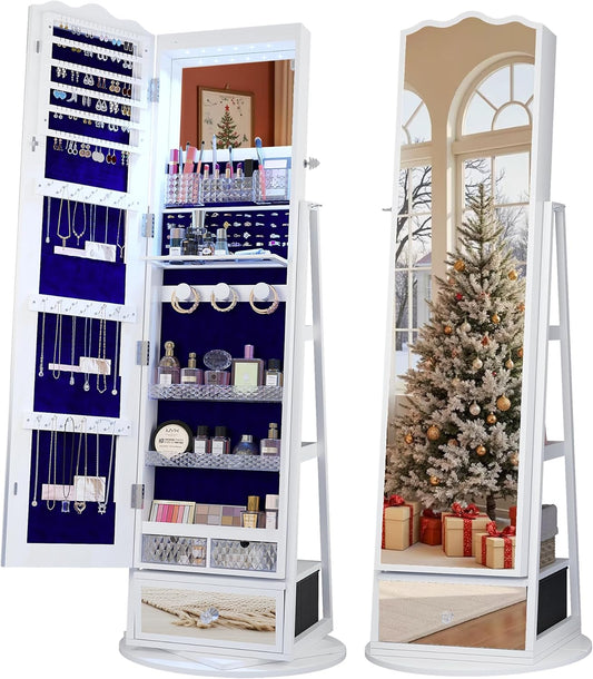 Full-Length Mirror Jewelry Cabinet Standing, 360° Swivel Jewelry Armoire with Mirror and LED Lights, Built in Mirror & Large Storage Shelves & Drawer, White