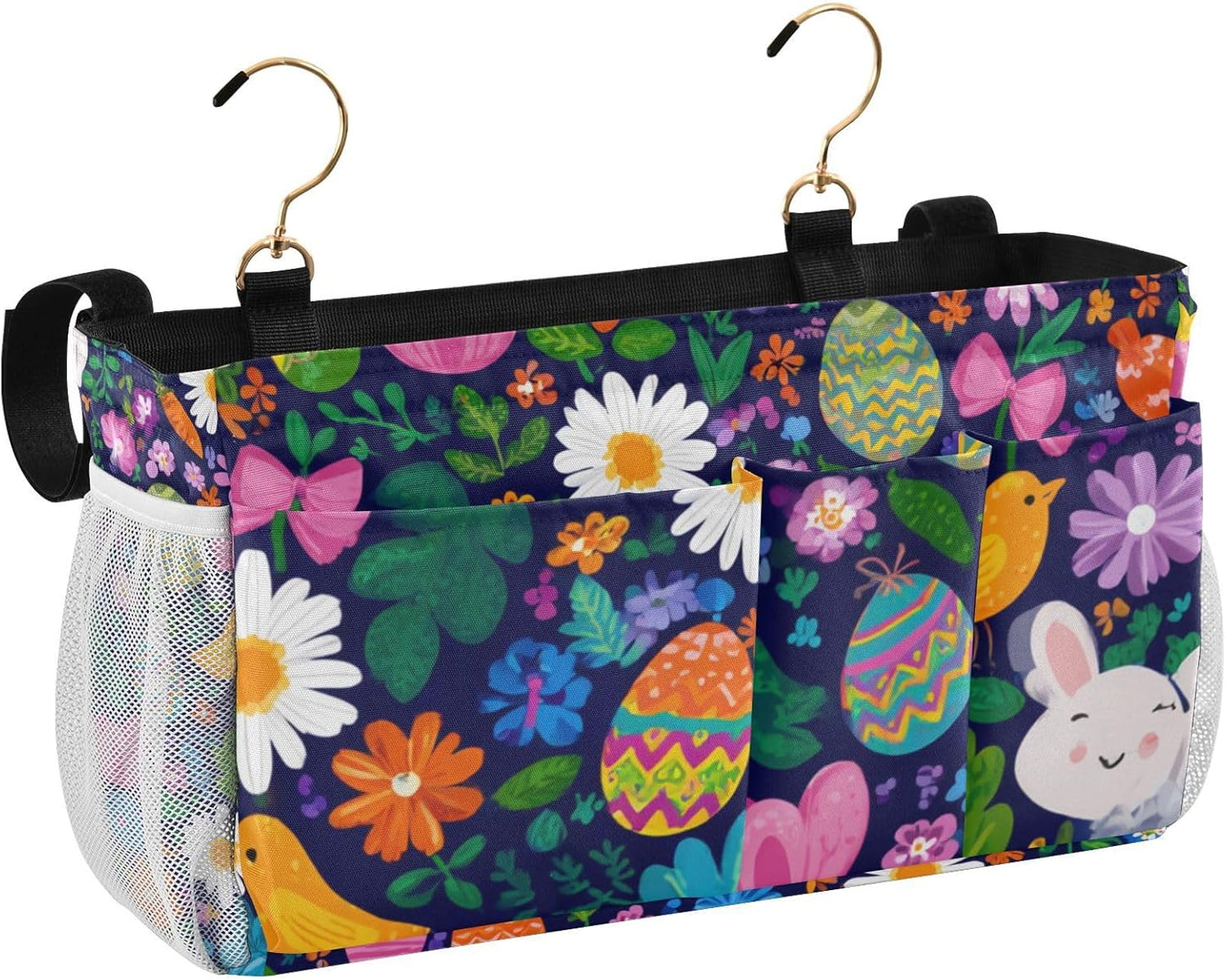 Easter Daisy Rabbit Birds Eggs Bedside Caddy for Dorm Bed Bedside Hanging Caddy Bag Iron Frame Storage Organizer Pocket for Bunk Home College Hospital Beds 2 Hooks