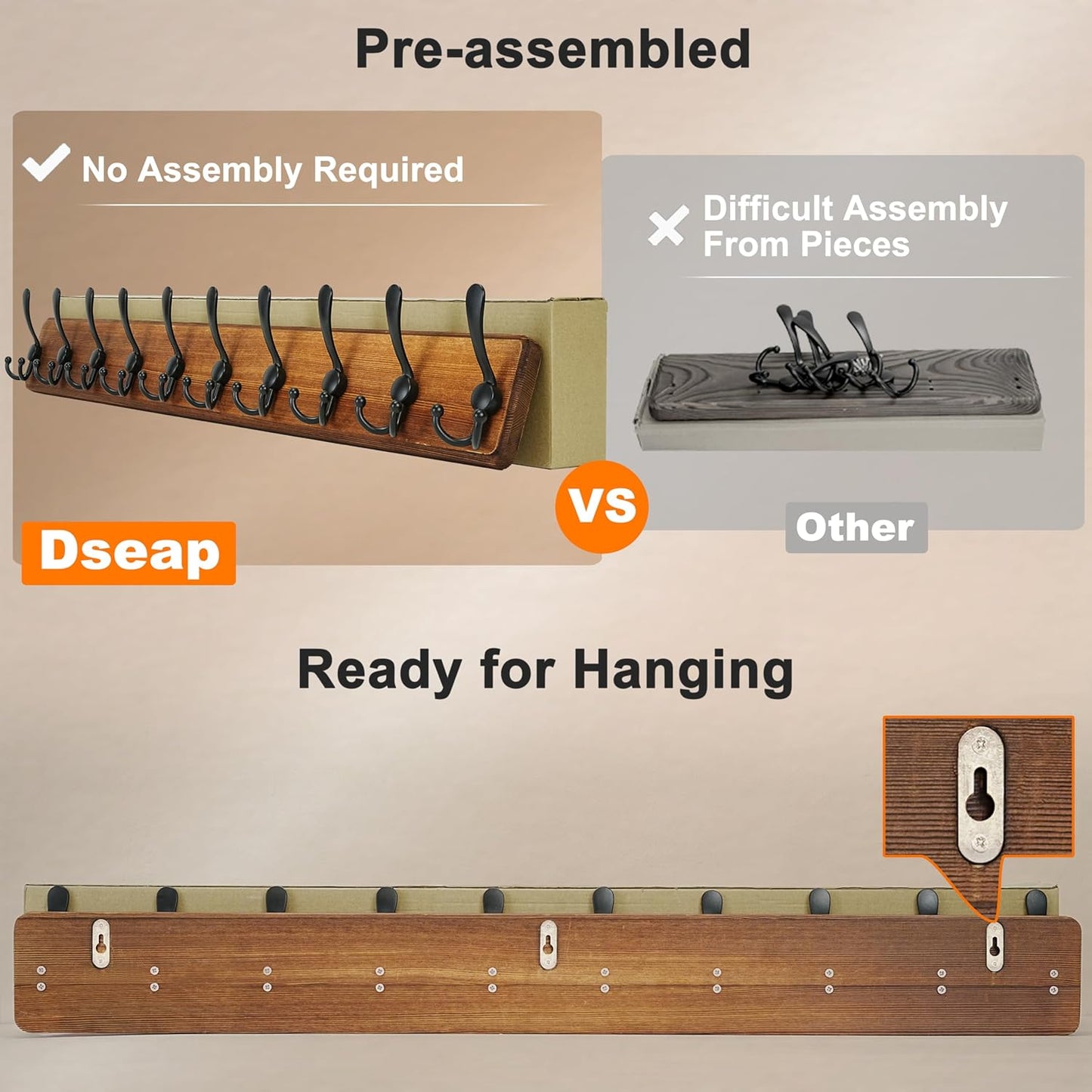 Dseap Coat Rack Wall - Heavy-Duty 38-1/4" Long, with Reinforced 10 Custom Tri-Hooks, Solid Wood Wall Hanger for Coats Hat Jackets - Rustic Farmhouse Entryway Hallway Storage, Light Brown & Black