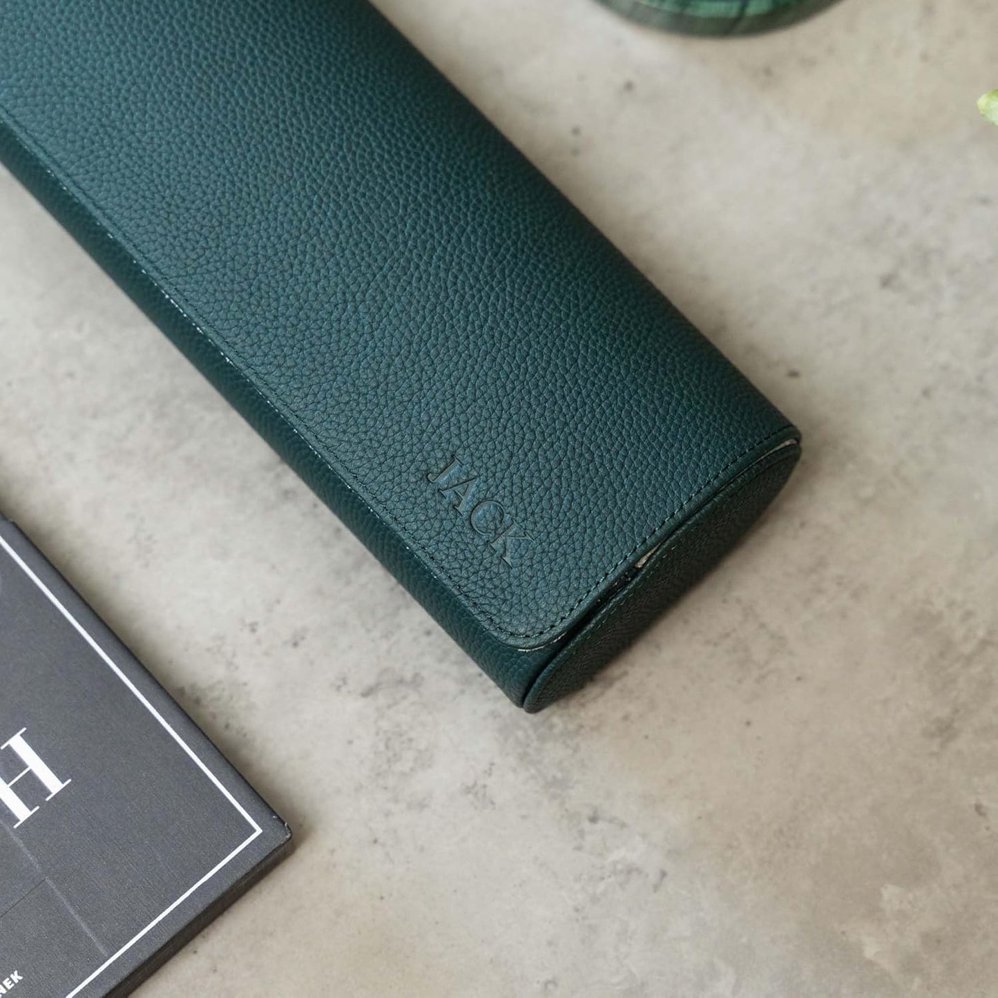 DailyWatch | Personalized Watch Roll Travel Case For 4 Watches - Handmade Genuine Leather Travel Case With Custom Engraving of Name or Initials - Dark Green Litchi