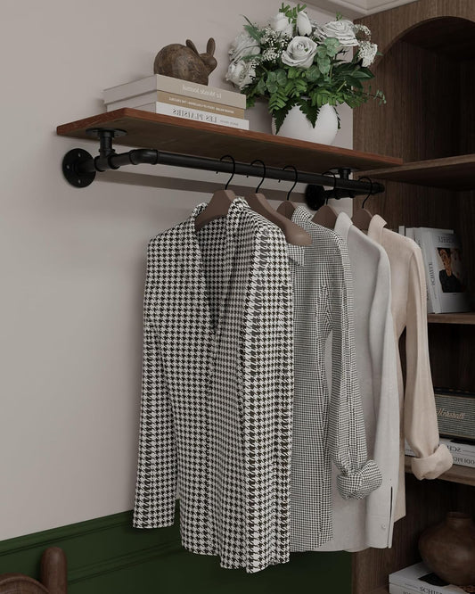 Clothes Rack 36in, Wall Mounted Garment Rack with Real Wood Shelf, Heavy Duty Hanging Clothes Rack, Multi-Purpose Hanging Rod, Space-Saving Closet Storage