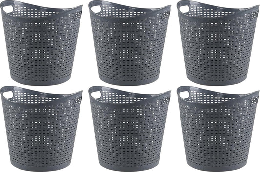 Kiddream 6 Pack Plastic Laundry Clothes Hamper Baskets, Large Storage Baskets for Organizing, 30 Liters Capacity, Dark Grey
