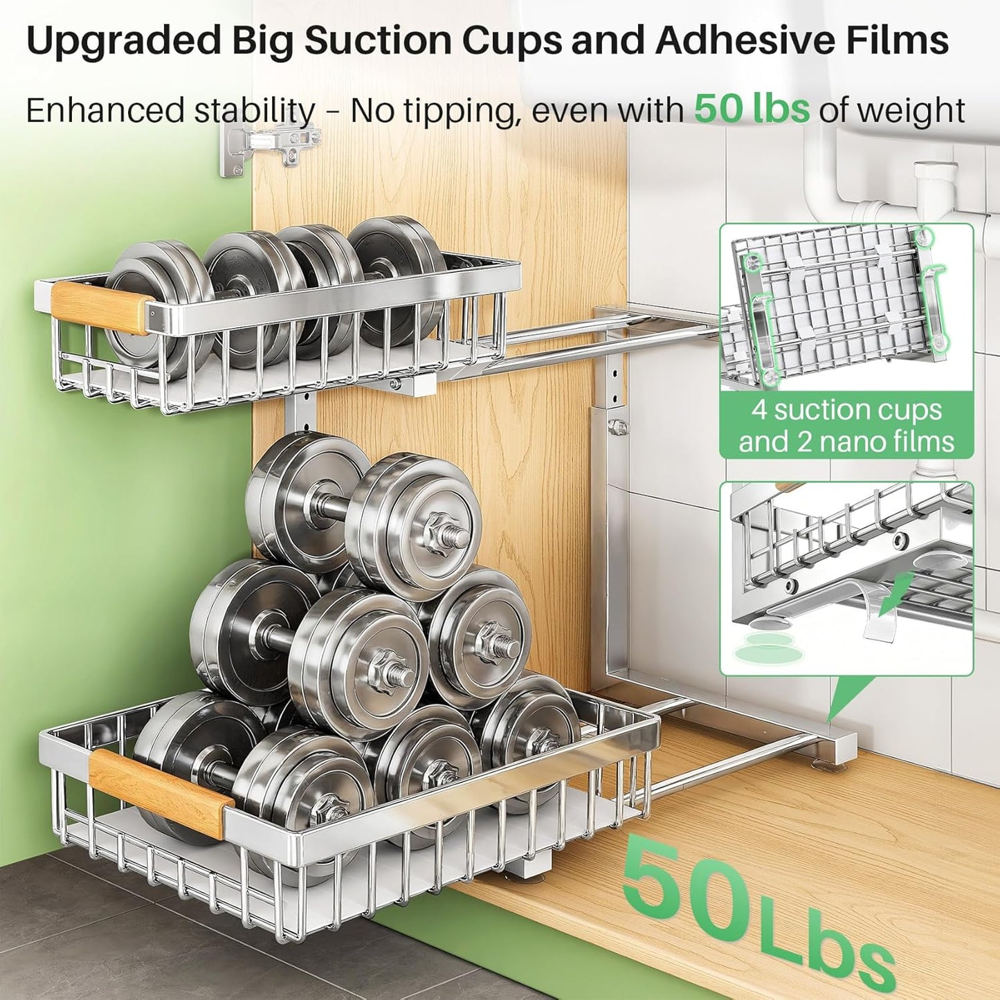 Under Sink Organizer, Stainless Steel 2 Packs 2 Tier Under Sink Organizers and Storage, Slide out Pull out Cabinet Shelf, Sliding Drawer for Kitchen Bathroom Pantry Cabinet Closet Organization Rack