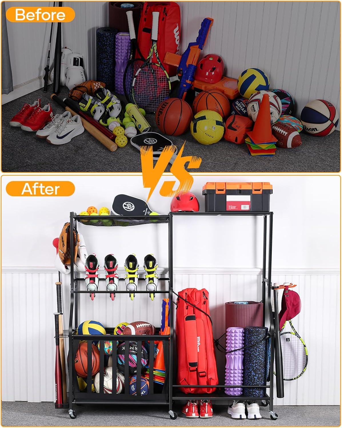 Garage Sports Equipment Organizer with Wheels - Golf Bag Storage Rack and Ball Storage Bins, Heavy Duty Rolling Garage Organizer System with Basket and Hooks for Indoor/Outdoor Sports Gear