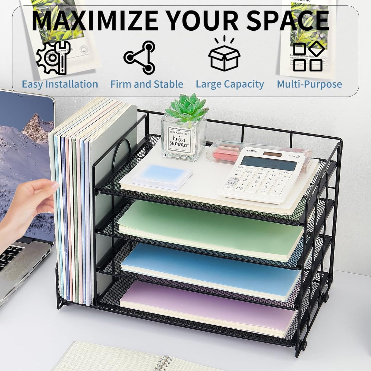 OPNICE 4-Tier Paper Organizer with Magazine Holder, Desk Organizers and Accessories, Office Desk Accessories & Workspace Organizers, Desktop File Organizer for Office Supplies Storage, Black
