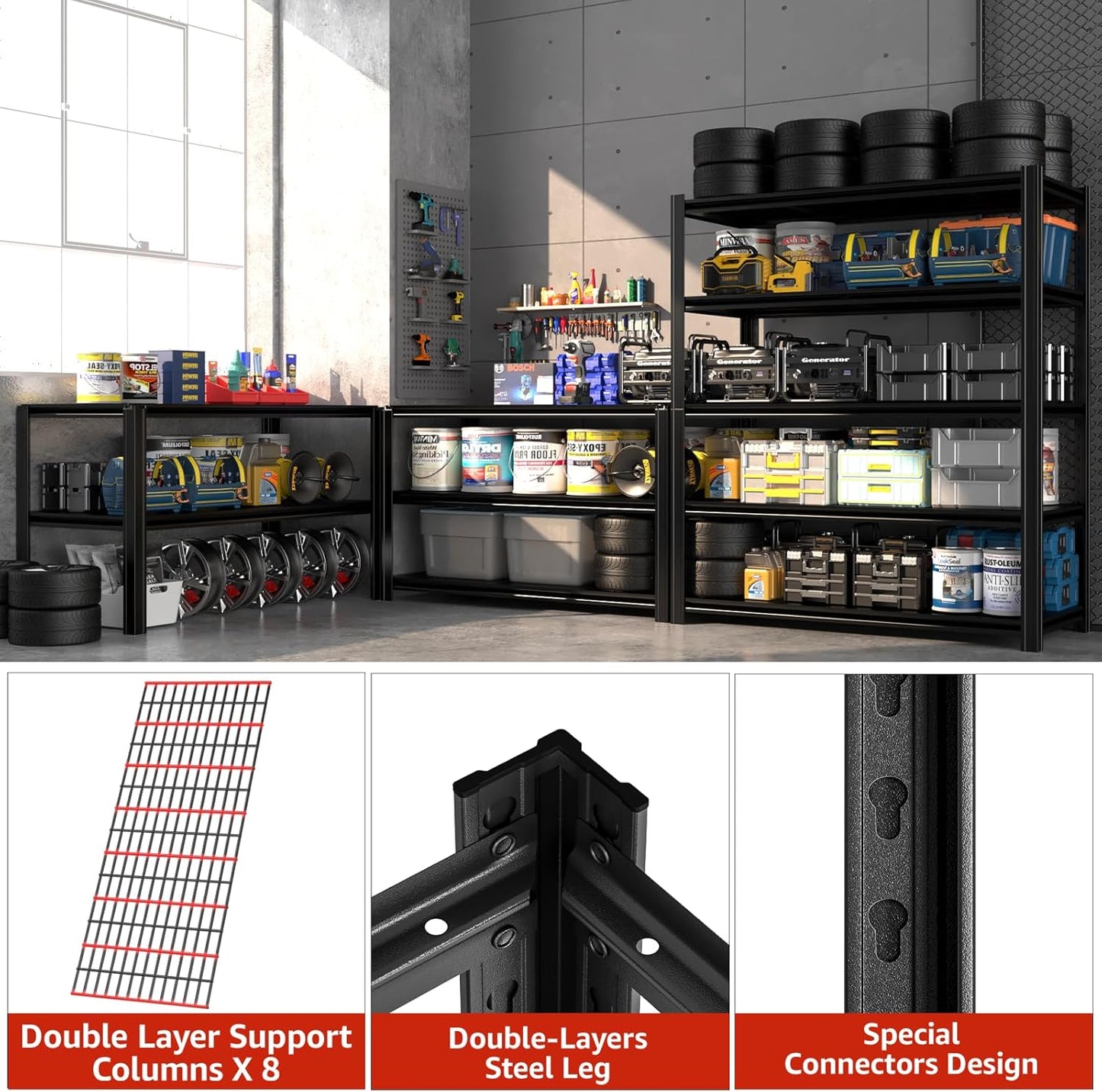 55.12" W Father&I 5-Shelf Industrial Adjustable Heavy-Dudy Tall Metal Garage Storage Shelves Shelving Units/Steel Wire Rack System (Commercial) for Basement/Shop, 84" H*55.12" W*24" D*, Black