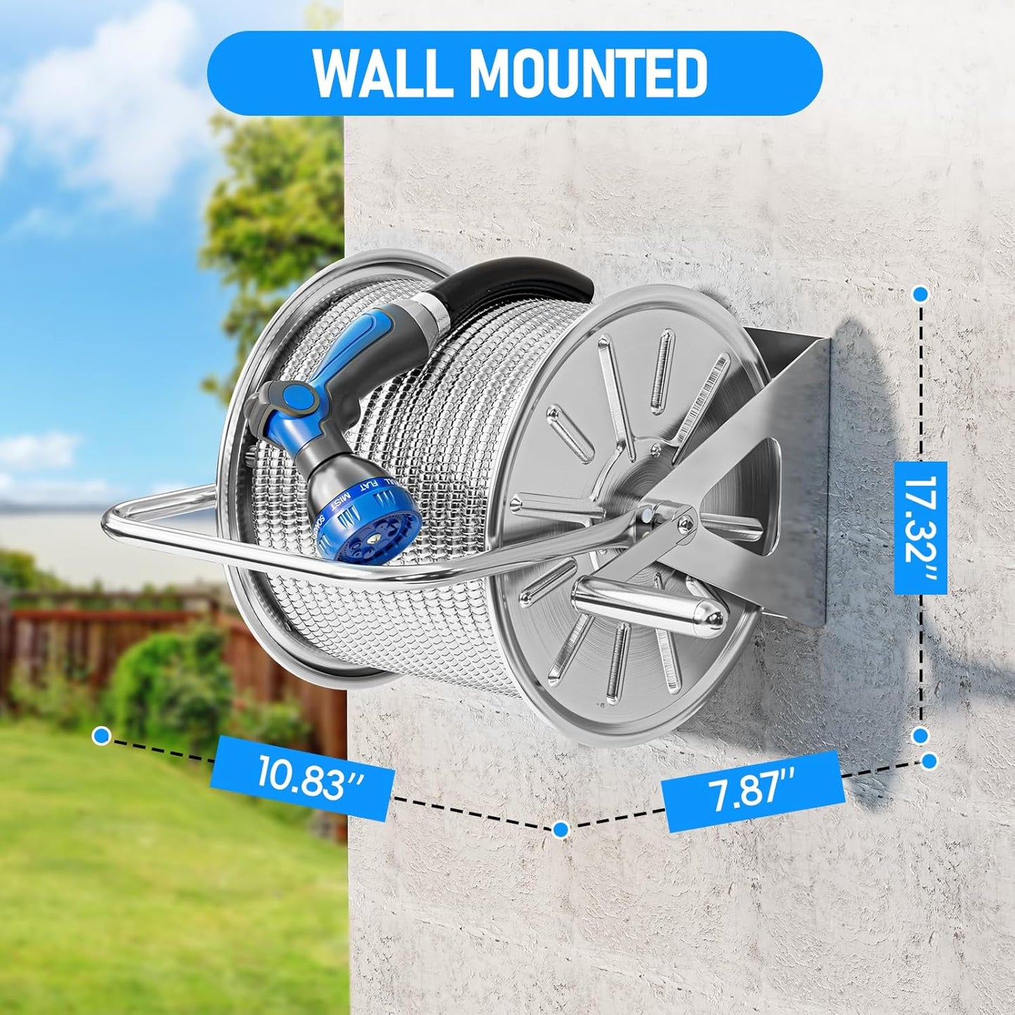 SPECILITE Stainless Steel Garden Hose Reel with 100FT Drinking Water Hose and 6.2FT Leader Pipe, Wall/Floor Mounted Metal Spool with Crank Handle, UV Resistant for Outside, Yard, Patio