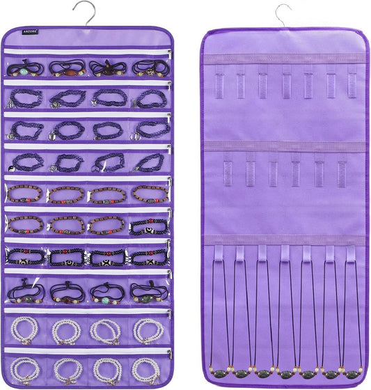 Dualsided Hanging Jewelry Organizer with 40 Zippered Pockets and 20 Hook Loops Necklace Holder Jewelries Organizer for Earrings Bracelets Rings with 360 Degree Rotating Hanger (40 Zippered