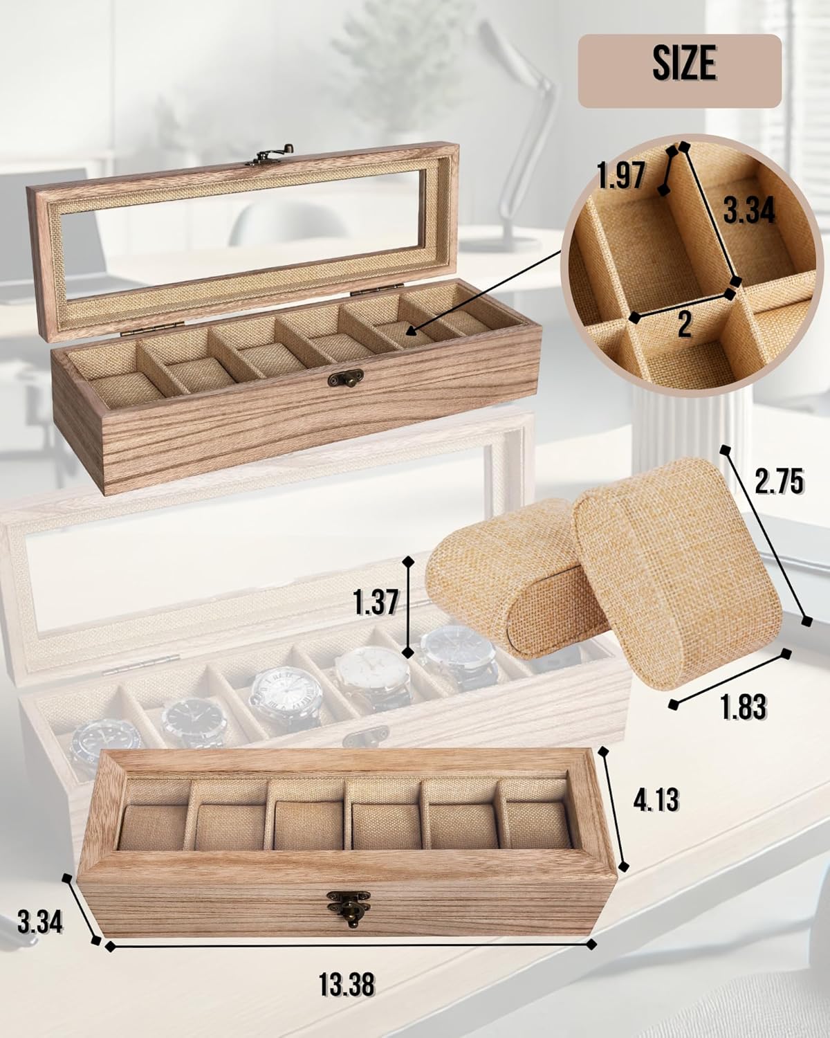 Watch Box, Watch Case for Men Women with Large Glass Lid, Wooden Watch Display Storage Box with 6 - Slots, Weathered Wood Mens Watch Box Organizer
