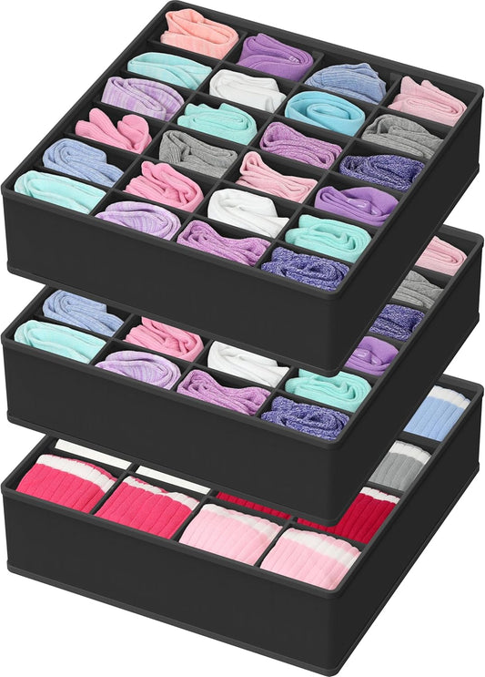 Simple Houseware Sock Drawer Organizer for Dresser/Closet/Bedroom, 3 Pack, Black