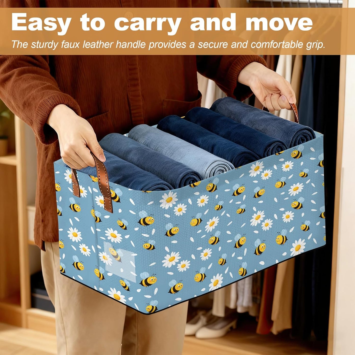 32L Large Storage Bins with Handles, Basket Organizer for Shelves, Closet, Books, Laundry & Home Decor (Bee Daisy)