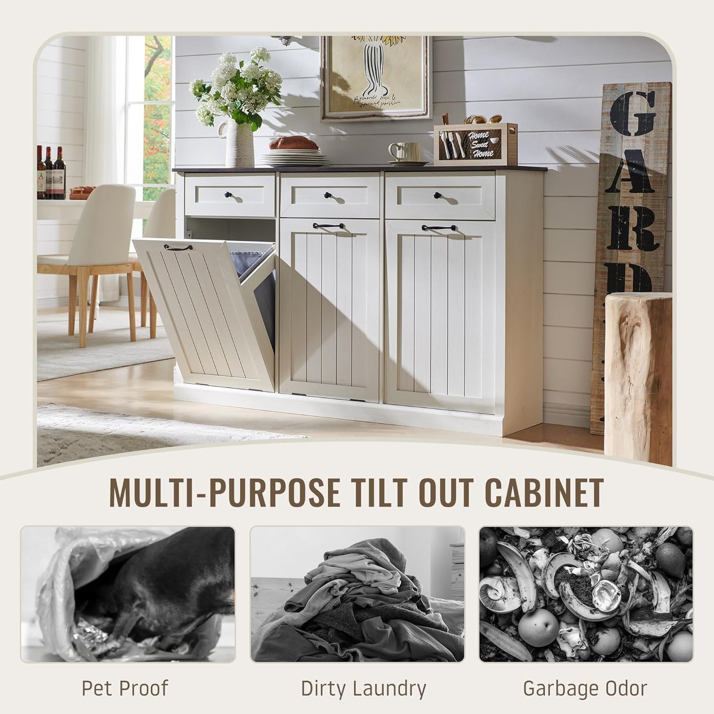 Triple Tilt Out Laundry Hamper Cabinet, 20 Gallon Farmhouse Trash Can Cabinet w/Drawer & Adjustable Shelf, Hidden Garbage Can Bin Cabinets w/Laundry Basket for Bathroom, Kitchen (Antique White)