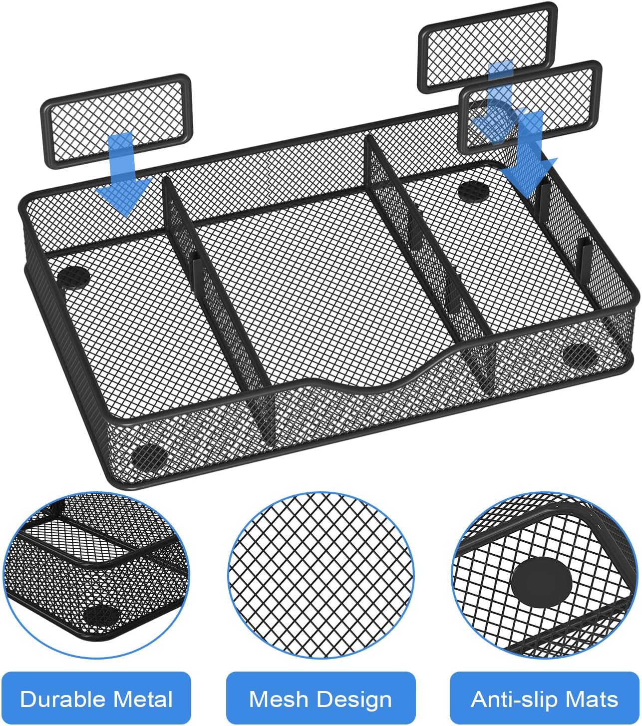 Desk Drawer Organizer, Metal Mesh Drawer Organizer Tray with 6 Adjustable Compartment, Tray Organizer for Desktop, Kitchen, Bathroom, Makeup, Vanity - 14.5x8.8x1.96 inch, Black, 1PC Large