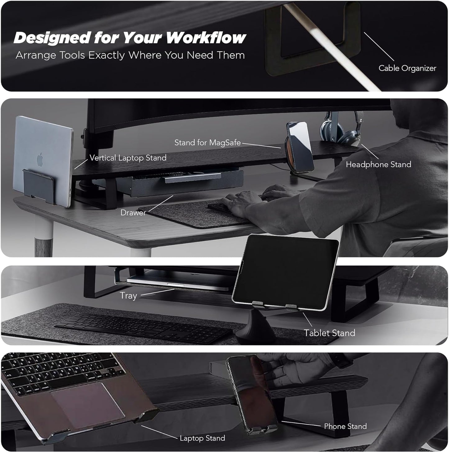 Moodular Wooden Monitor Stand 33.4” (85cm) Desk Organizer with Metal Slide Rails for Drawer, Tray, Laptop, Tablet, Phone & Headphones Customizable Riser for Organized Workspace Oak MS85-O
